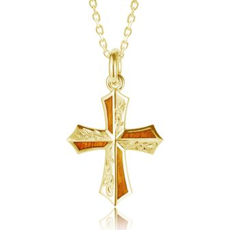 14K YG Cross Koa Wood Pendant